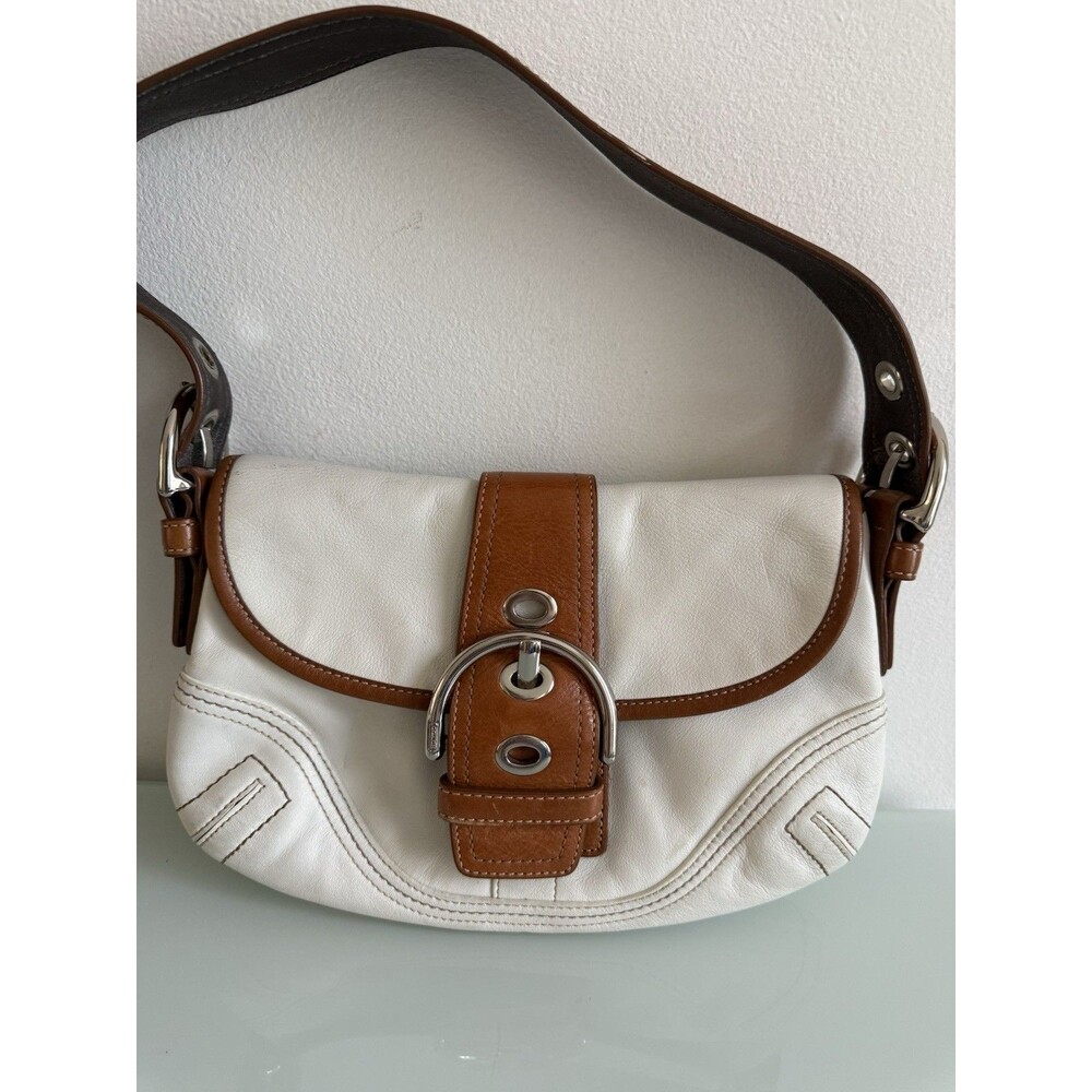 Coach F10188 Ivory Brown Leather Shoulder Bag Buckle Grommet Hobo Purse